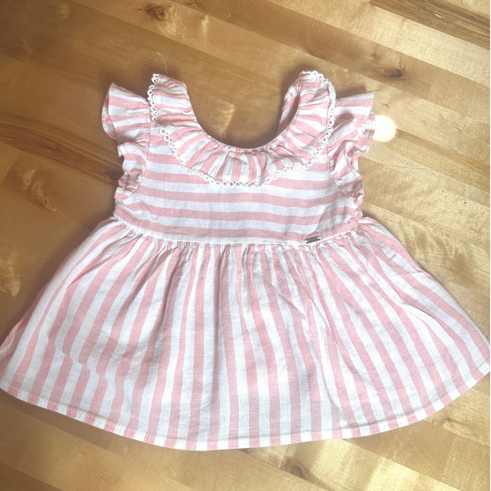 Mayoral Short Set Kids 24M Pink Excellent Striped Linen Blend Ruffle 2pc - Picture 2 of 8